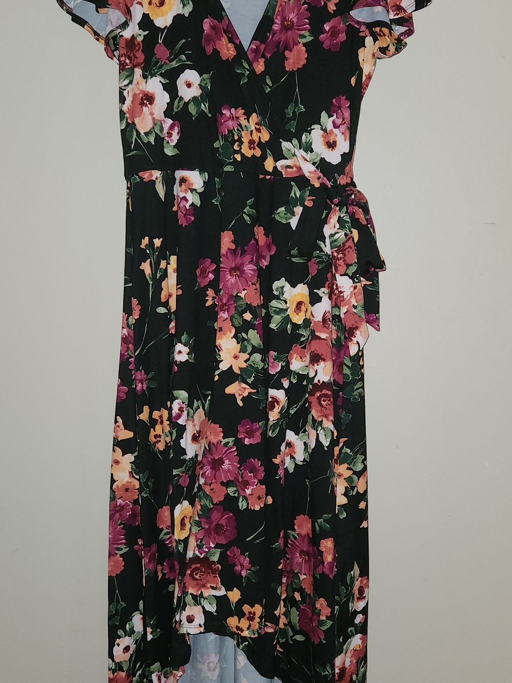 Floral Wrap Midi Dress in Black with Pink & Yellow Blooms Size M
